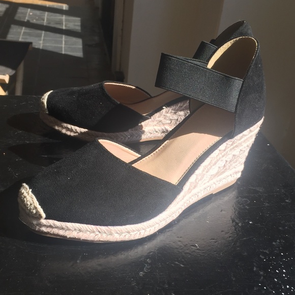 Shoes - Black wedge espadrille with Elastic strap around ankle